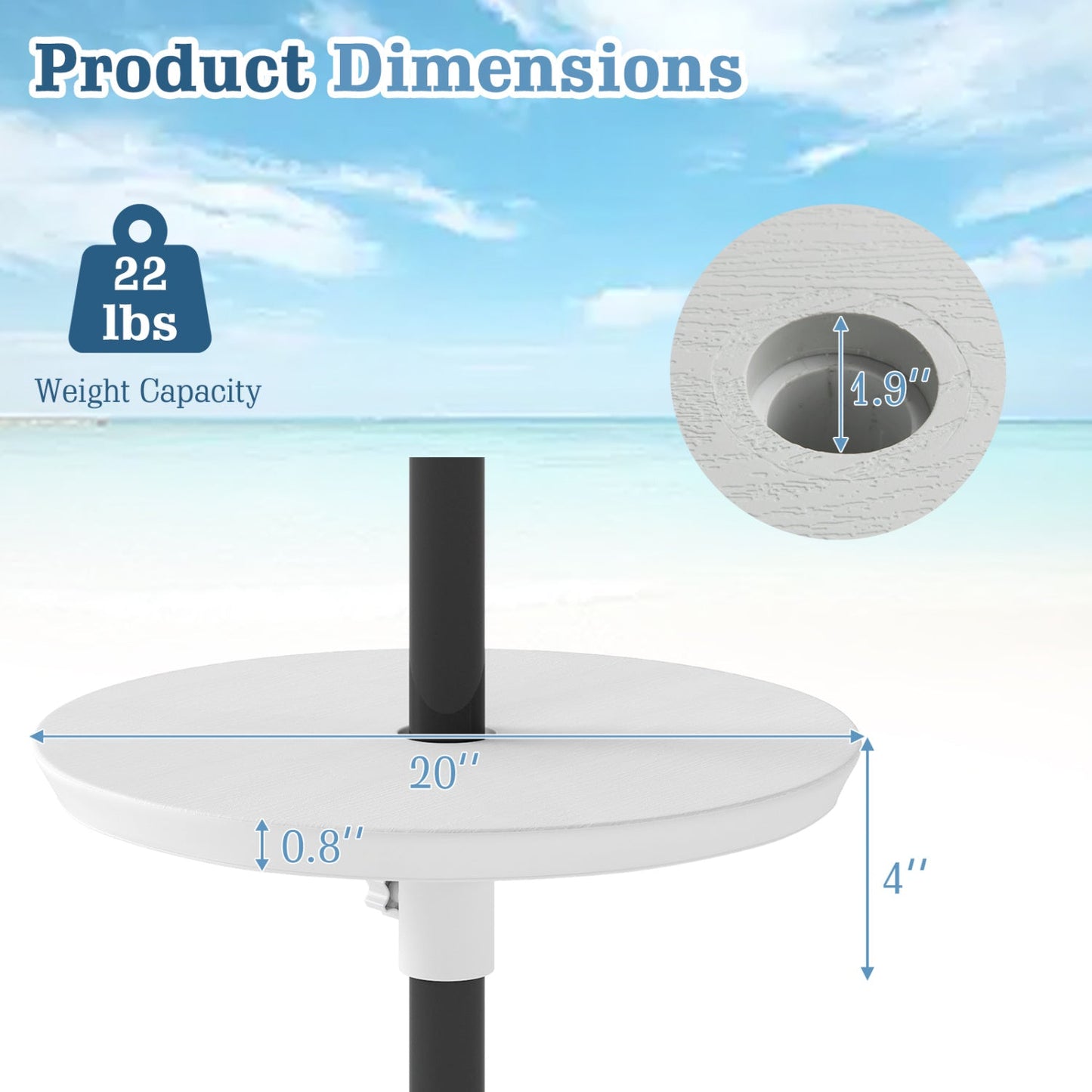 20 Inch Outdoor Adjustable Umbrella Table for 2 Sizes Patio Umbrella Pole