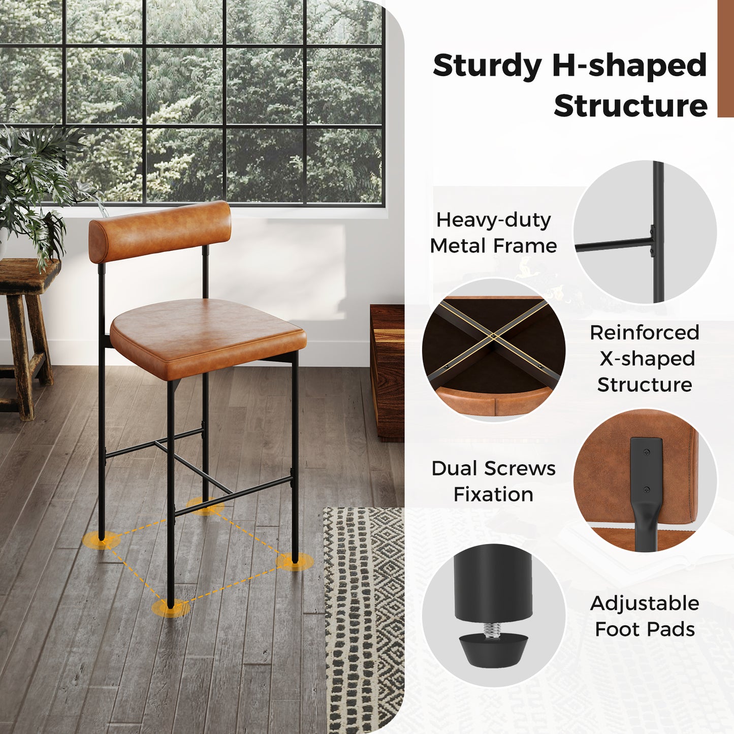 26 Inch Upholstered Bar Stools Set of 2 with Backrest