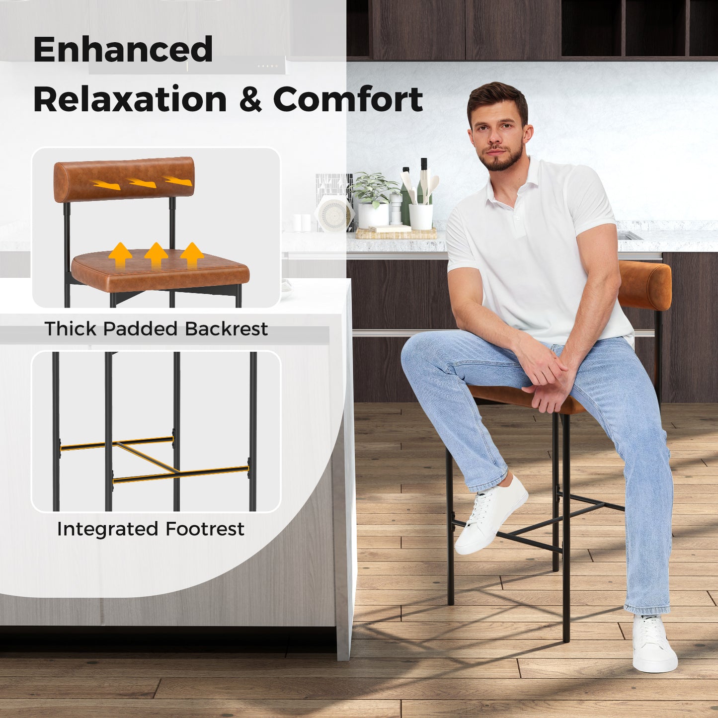 26 Inch Upholstered Bar Stools Set of 2 with Backrest
