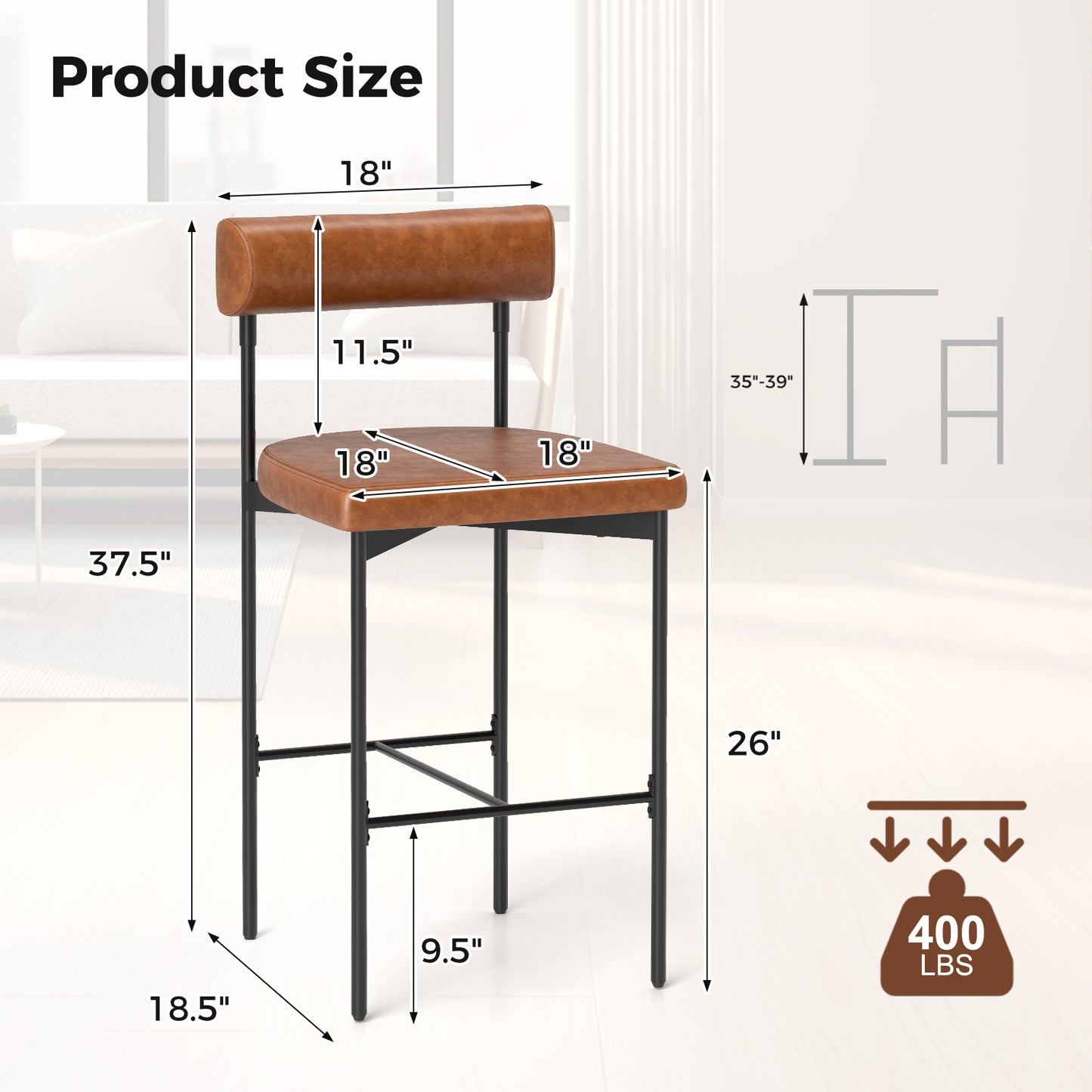 26 Inch Upholstered Bar Stools Set of 2 with Backrest