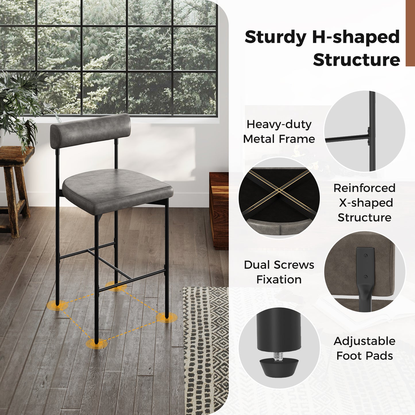26 Inch Upholstered Bar Stools Set of 2 with Backrest