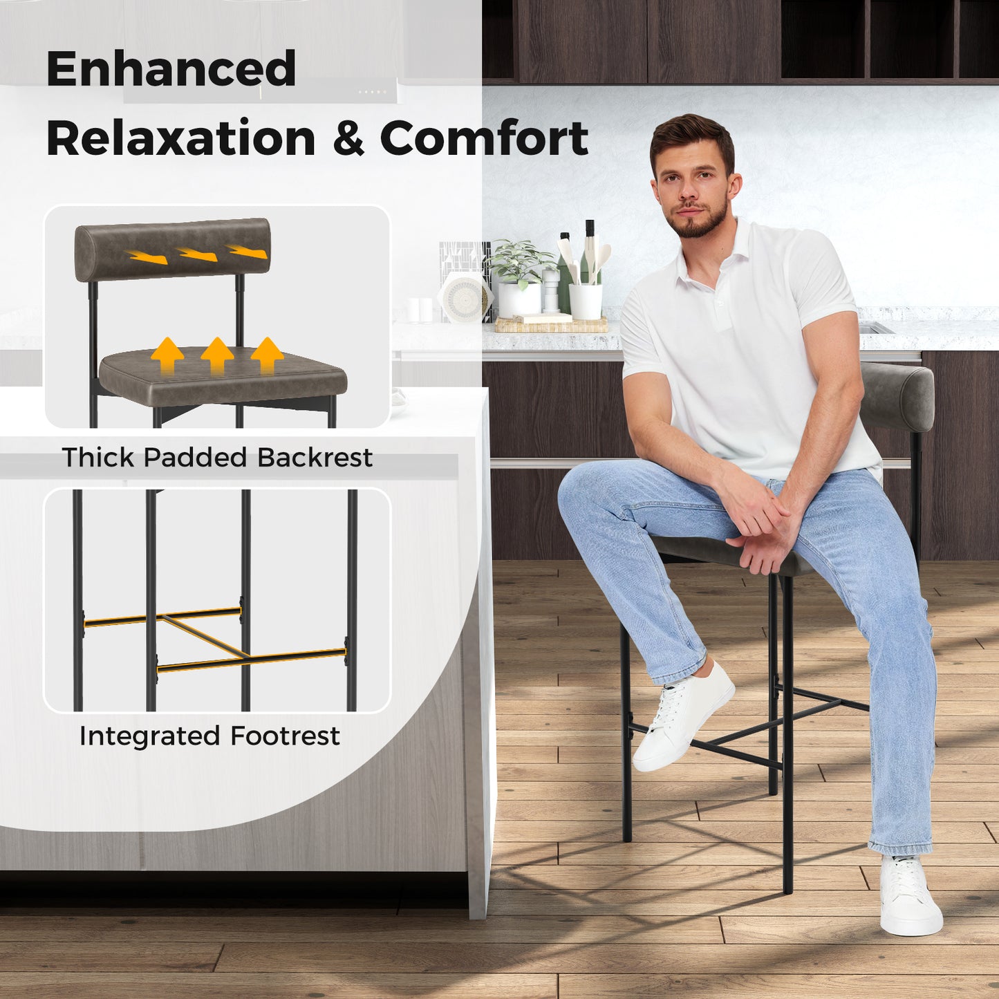 26 Inch Upholstered Bar Stools Set of 2 with Backrest