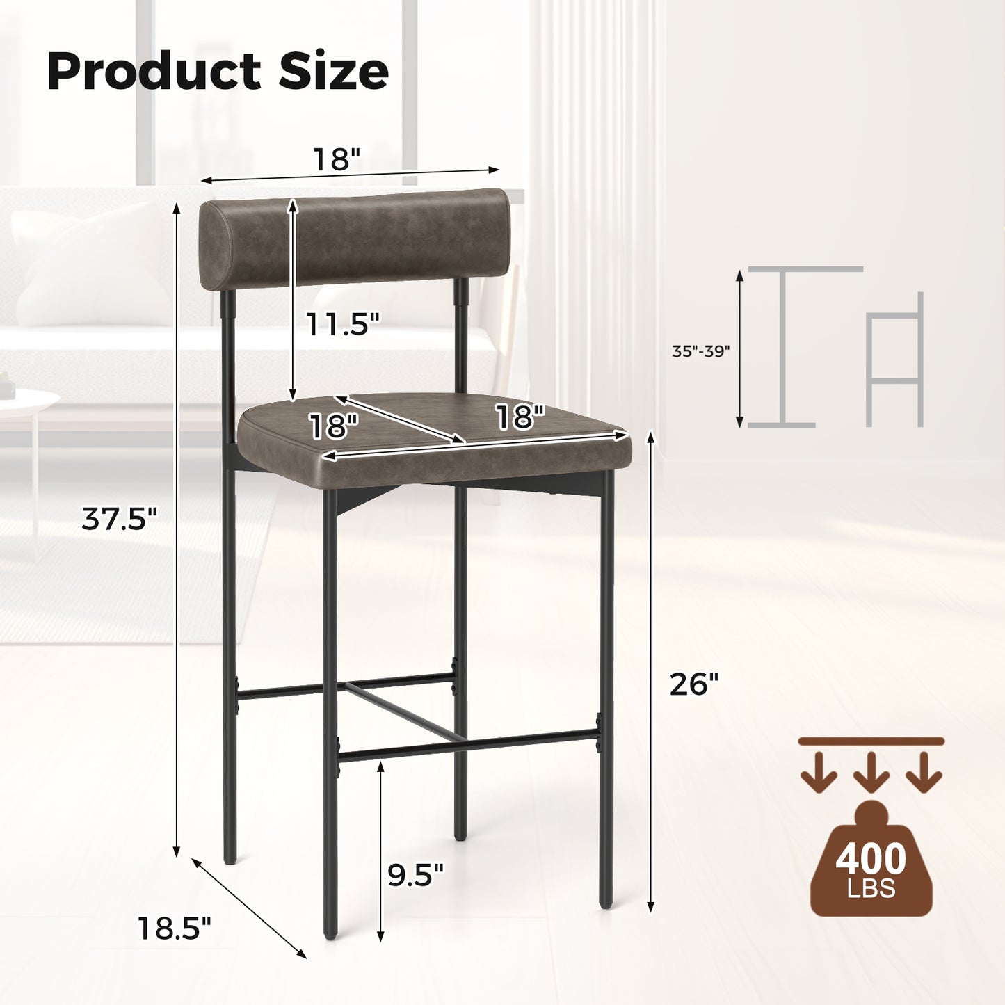 26 Inch Upholstered Bar Stools Set of 2 with Backrest