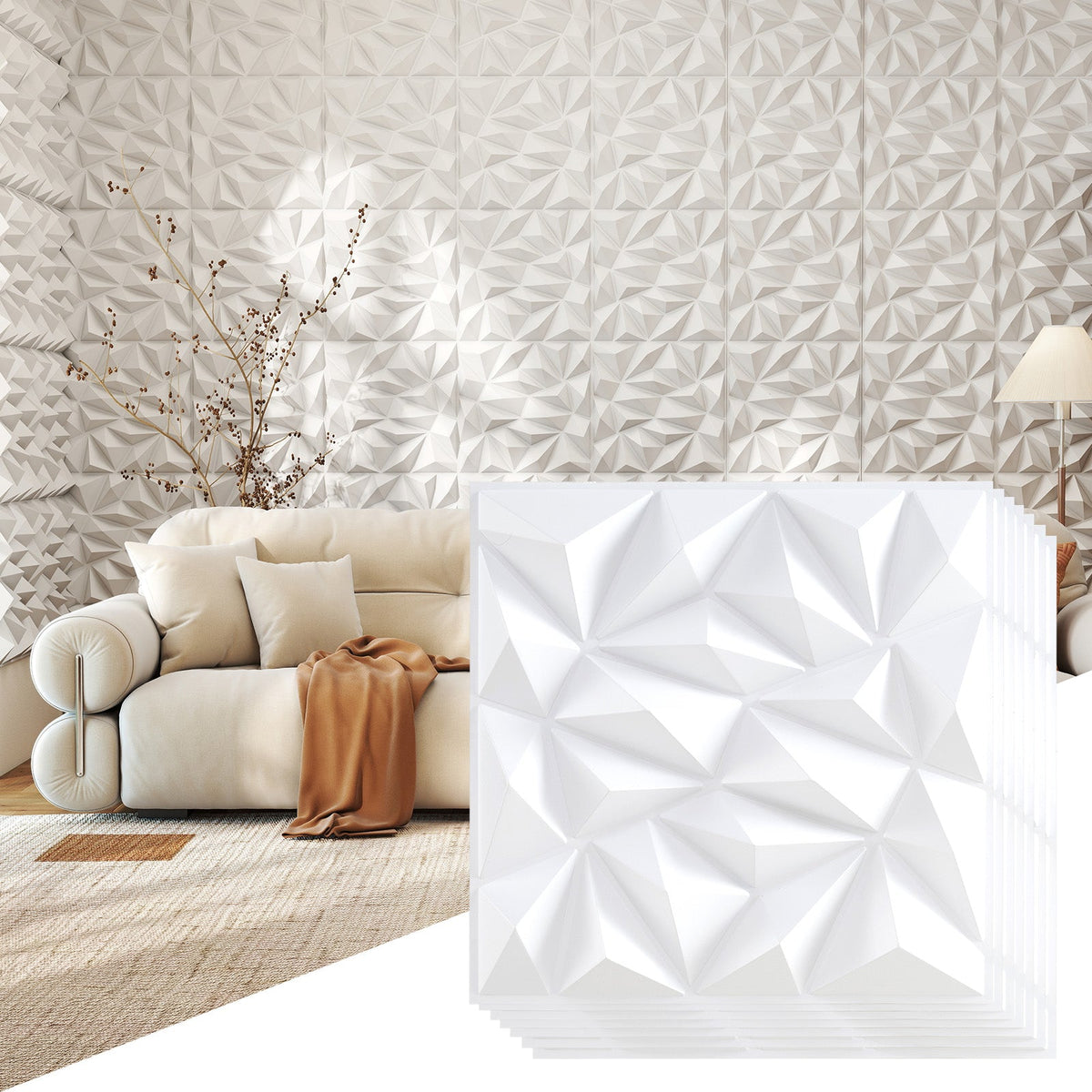 20-Pack 3D Wall Panels with Decorative Diamond Patterns-White