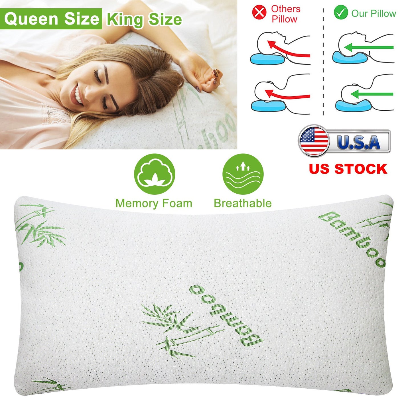 Memory Foam Pillow Set with Bamboo Cover - Queen Size (2-Pack)