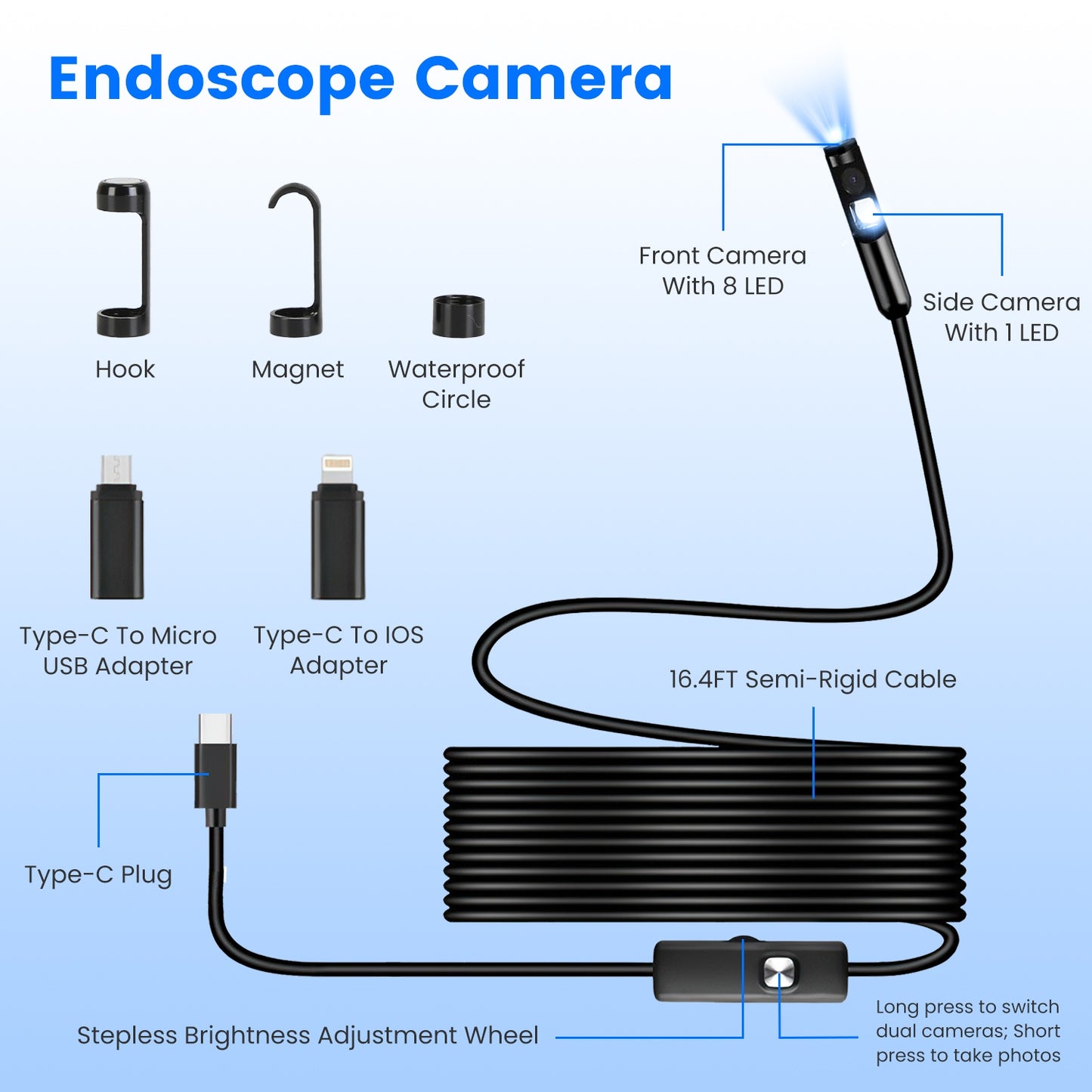 Endoscope Camera 1920P HD Waterproof with Dual Lens & 16.4ft Cable