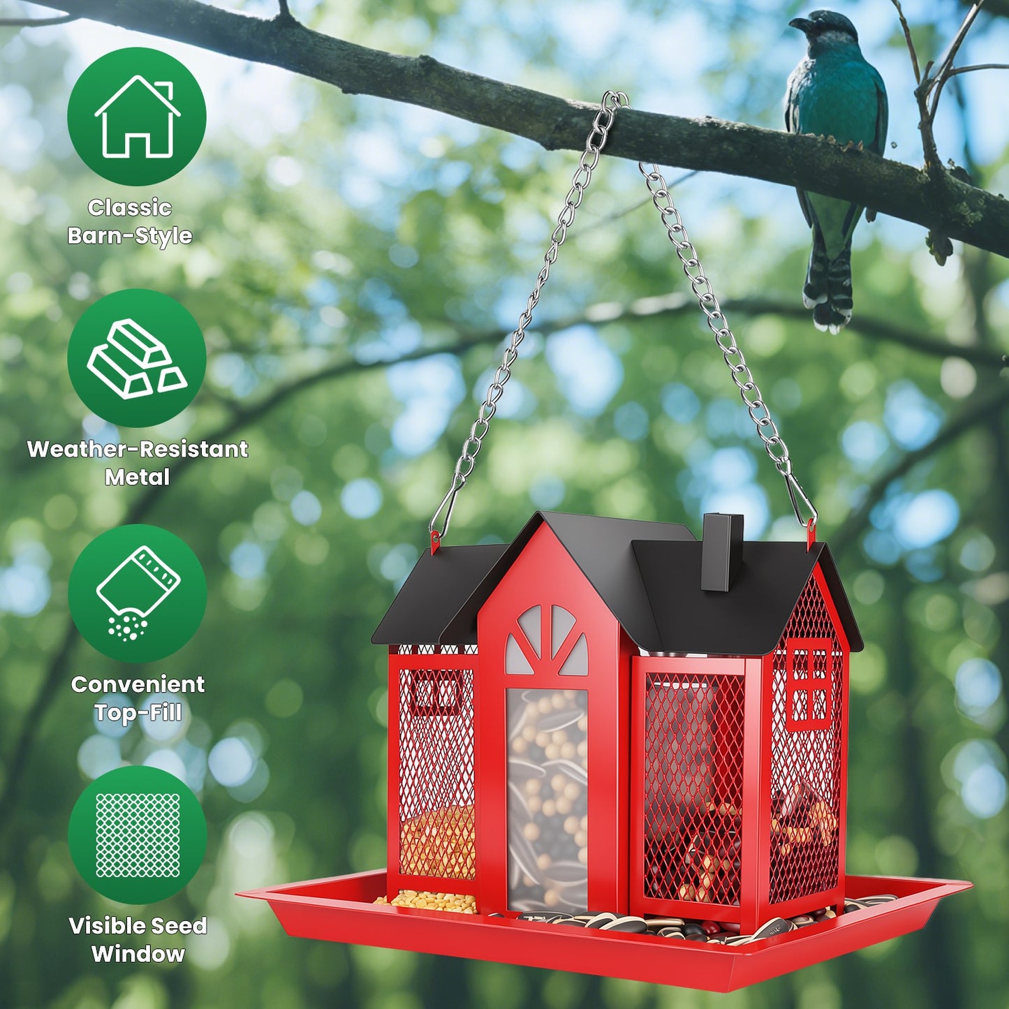 Barn Bird Feeder with Transparent Window & Lift Top Lid