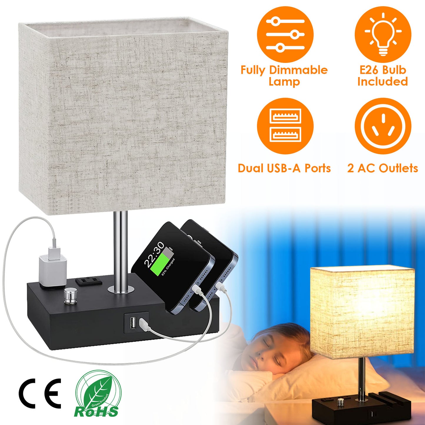 Dimmable Table Lamp with USB Ports and AC Outlets