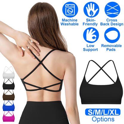 Women Cross Back Sport Bras Padded Strappy Crop Open Back Low Impact Bras Sexy Fitness Tank Tops with Removable Pads Thin Straps for Gym Yoga Workout