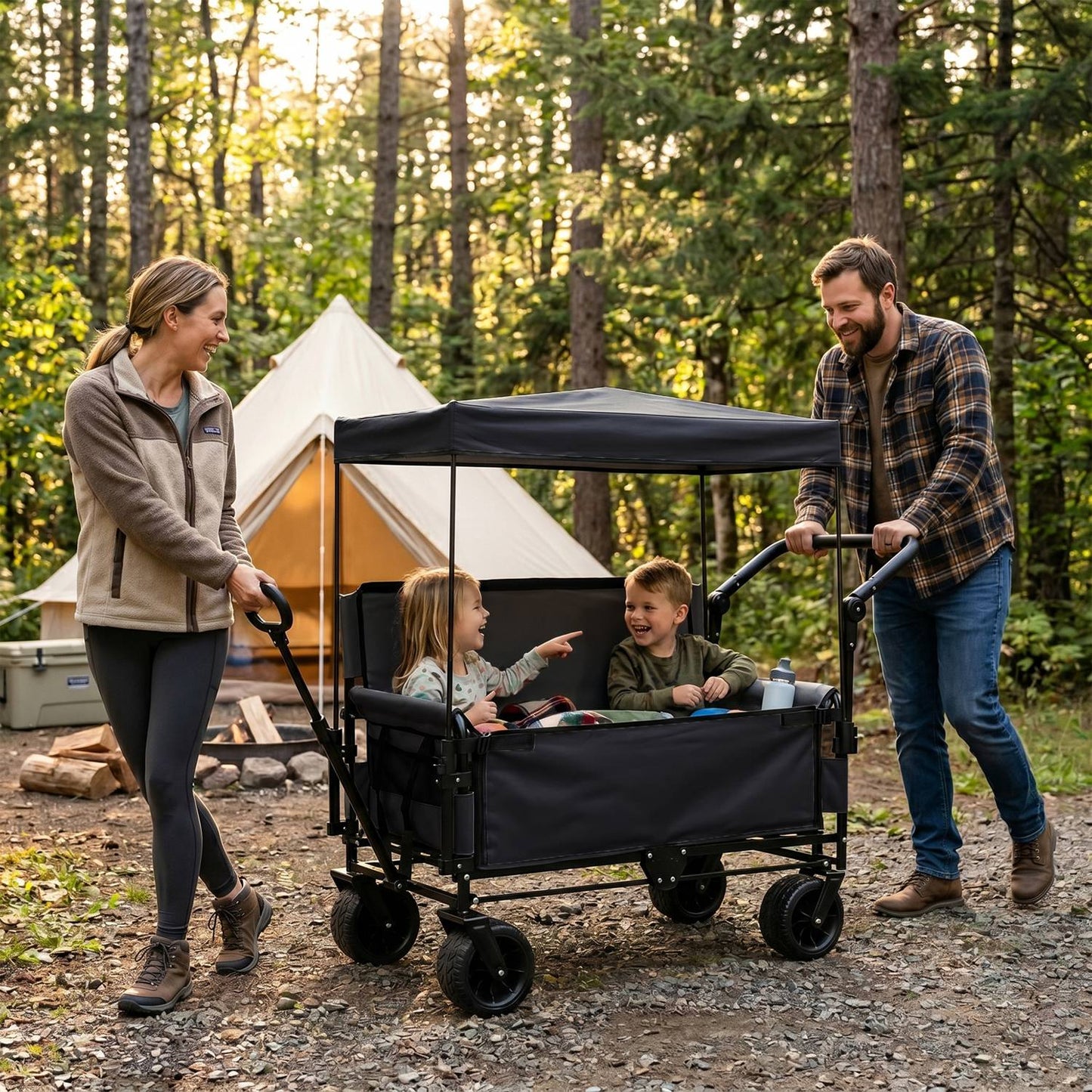 Folding Wagon Cart with Bench Seat & Canopy - 500lbs Capacity