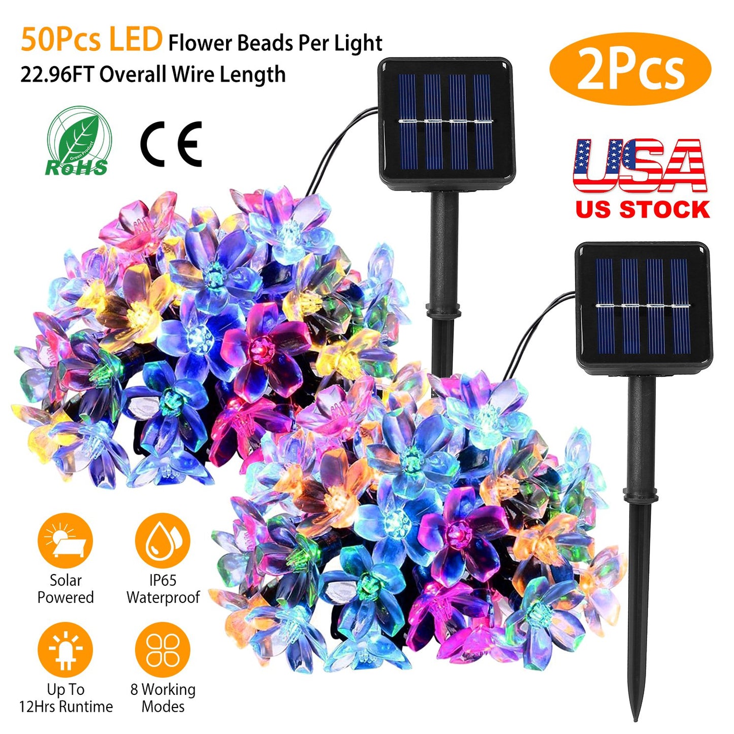 Solar Flower String Lights 50 LED Sakura Blossom 23ft Waterproof