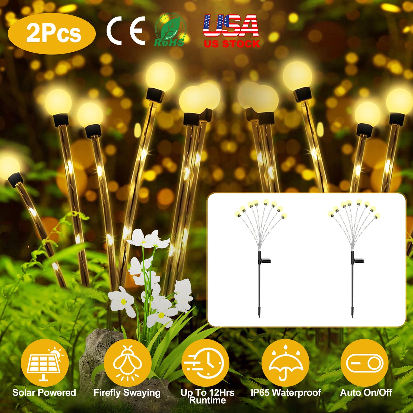 Solar Firefly Lights Swaying Garden Pathway Stakes (2-Pack)