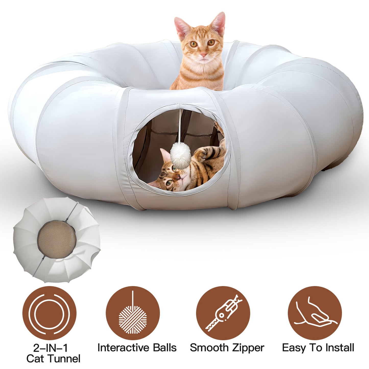 Cat Tunnel Bed with Interactive Balls & Cooling Mat