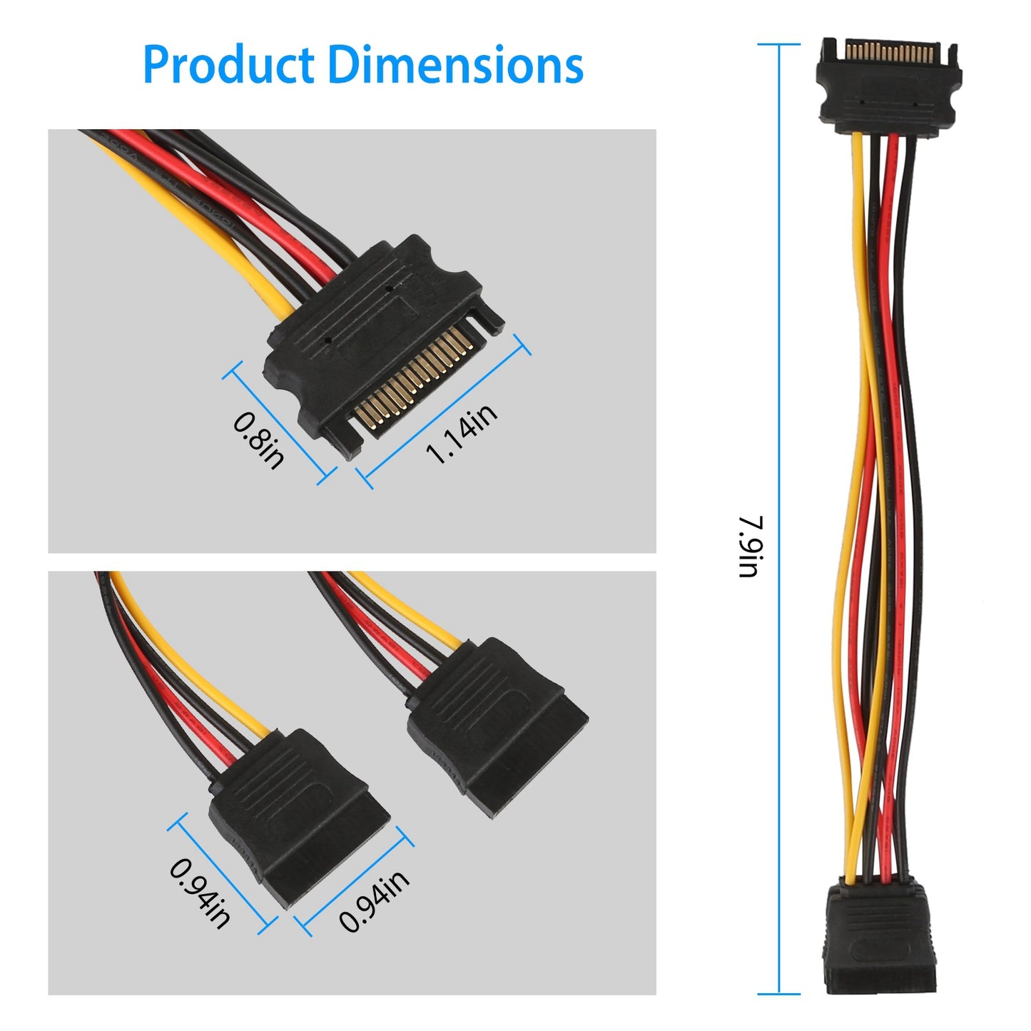 15-Pin SATA Power Y Splitter Cable Adapter - 7.9 Inch