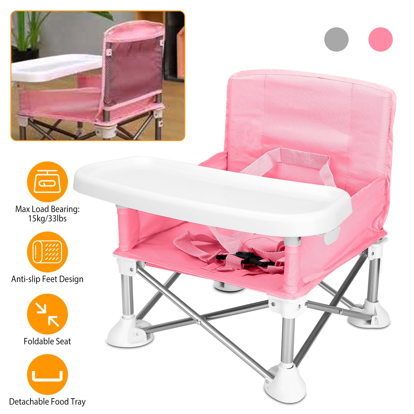 Portable Baby Booster Seat with Detachable Tray & Carry Bag