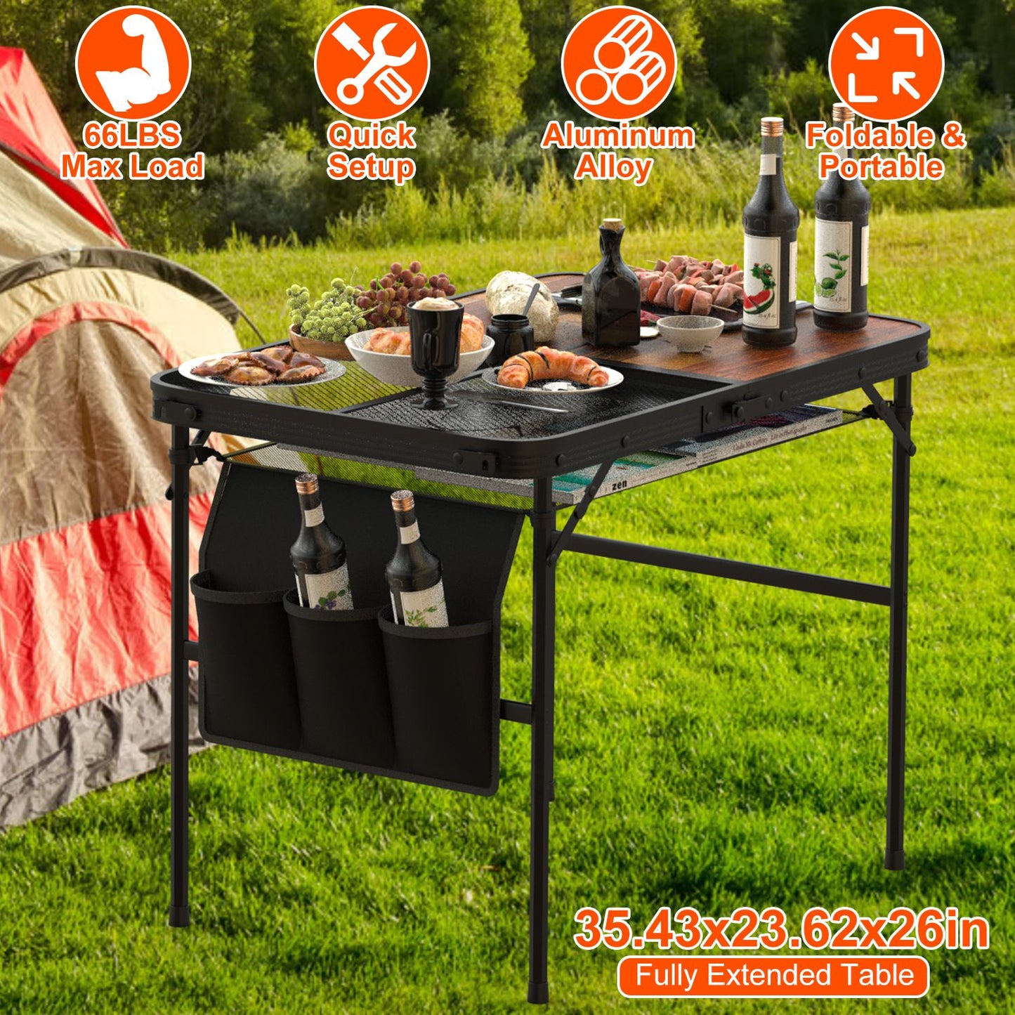 Foldable Camping Table with Adjustable Height & Storage Net