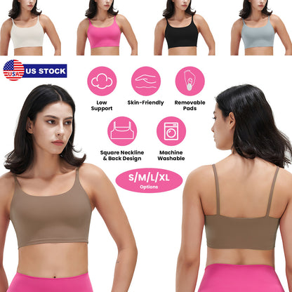 Women Strap Sport Bras Padded Strappy Crop Square Neck Low Impact Bras Sexy Fitness Tank Tops with Removable Pads Flat Straps for Gym Yoga Workout Run