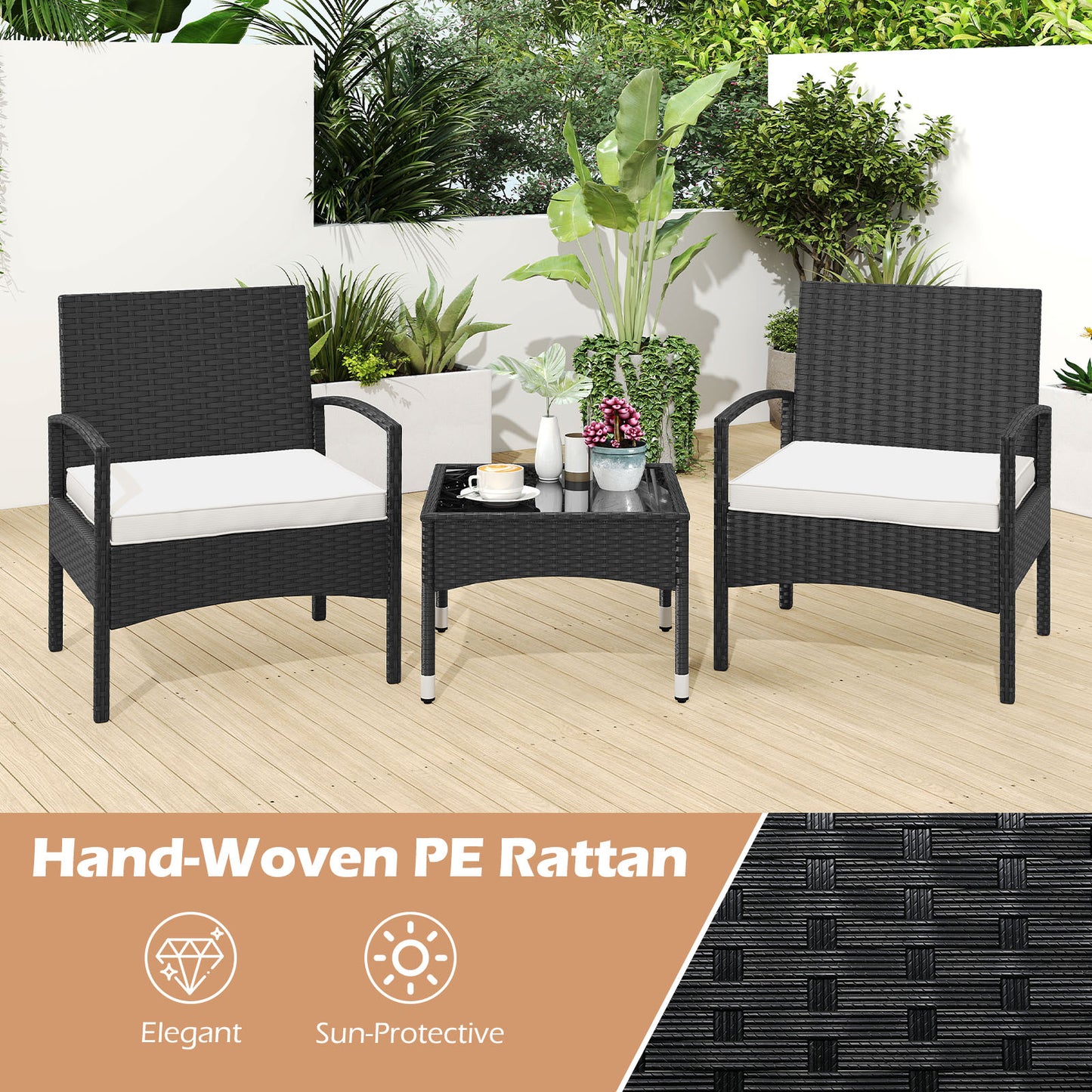 3-Piece Patio Conversation Set with Rattan Bistro Chairs & Table