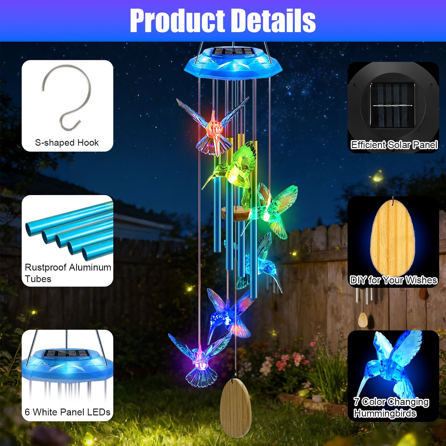 Solar Wind Chime with Color-Changing LED Lights & Aluminum Tubes