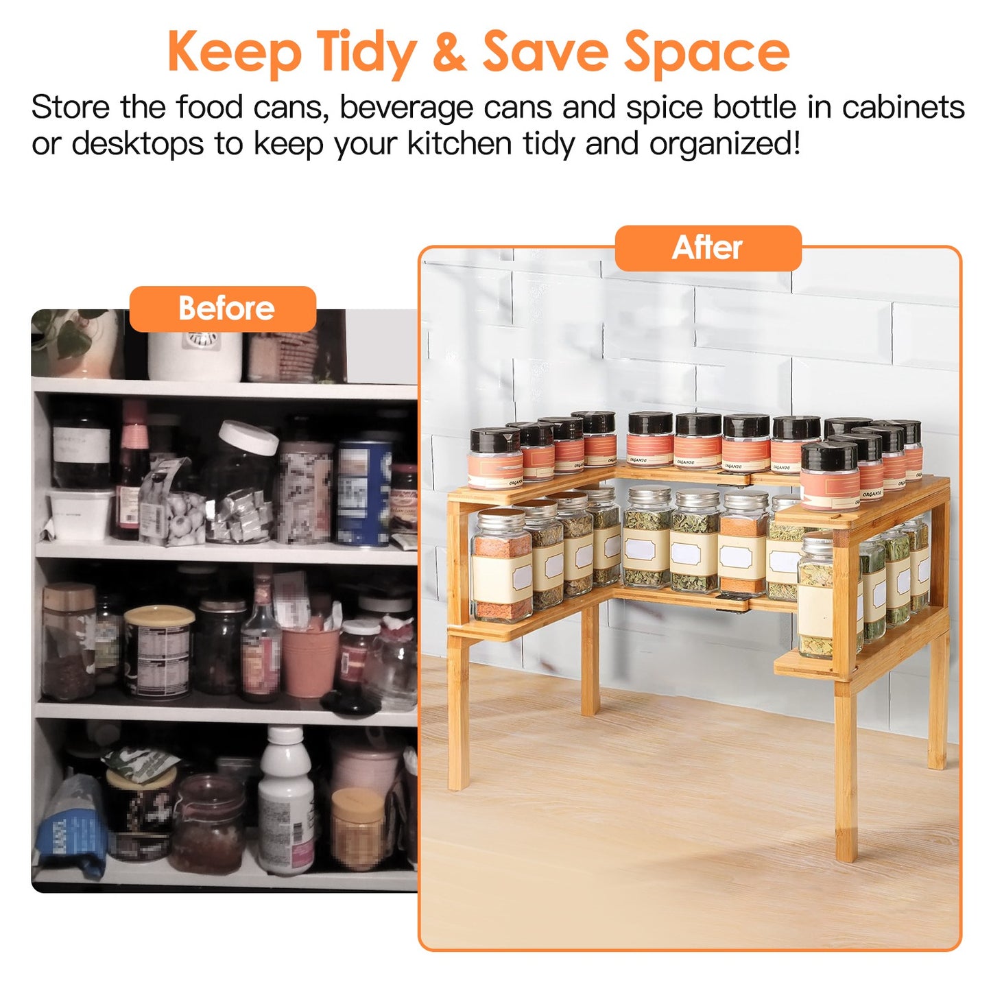 2-Tier Expandable Bamboo Spice Rack Organizer for Cabinet