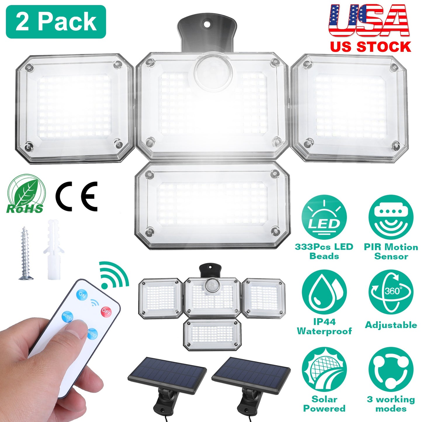 Solar Motion Sensor Wall Light 2-Pack with 333 LED Beads