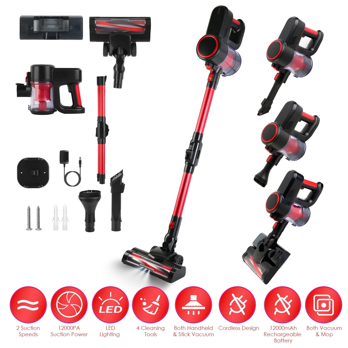 Cordless Stick Vacuum Cleaner with 12000PA Suction & LED Light