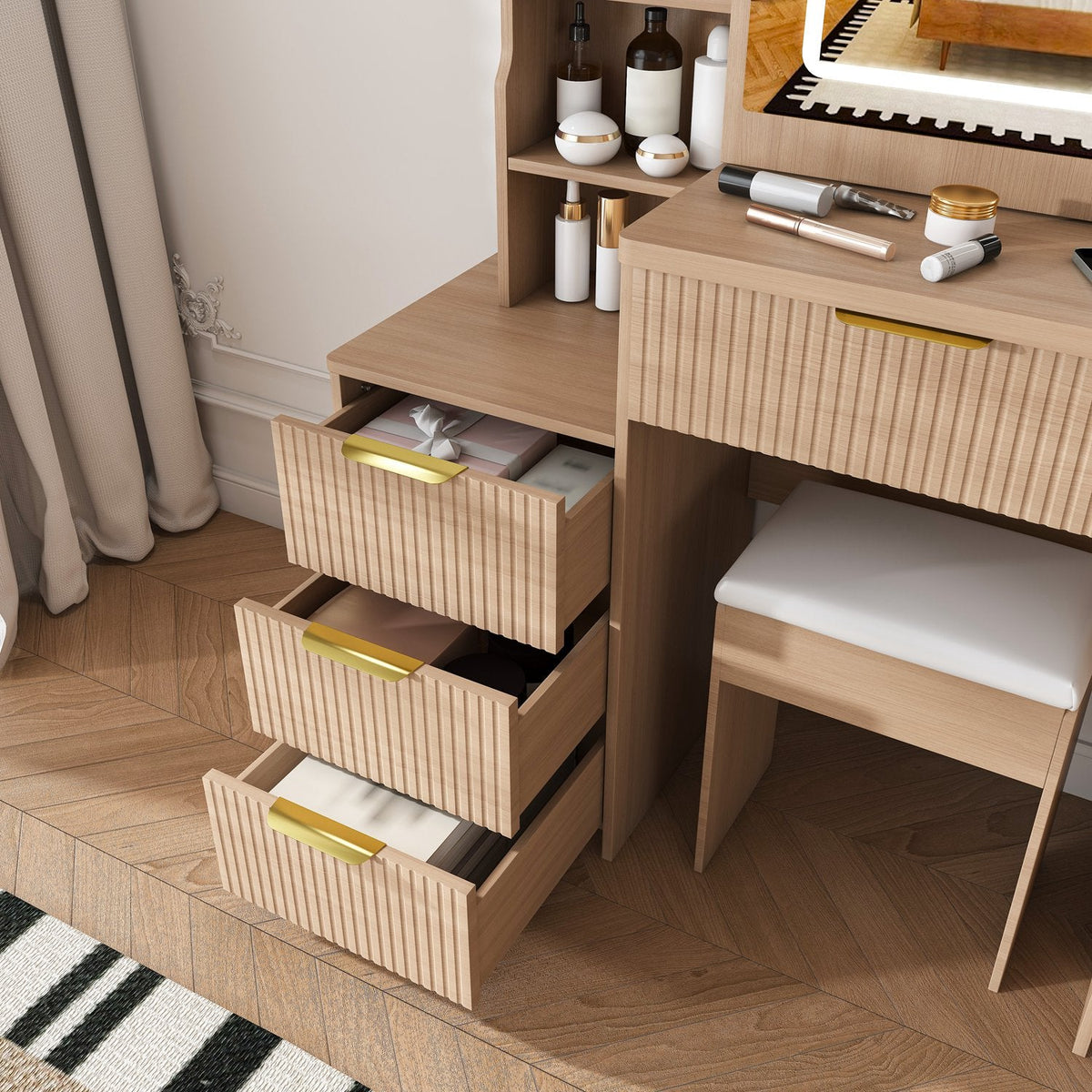 Vanity Desk Set with Lighted Mirror, 4 Drawers & Stool