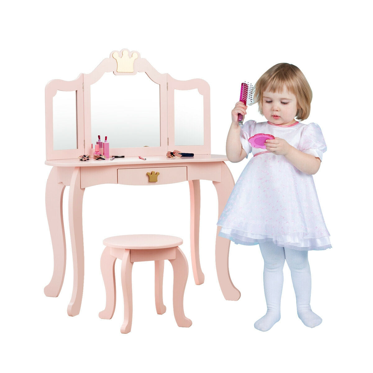 Kids Makeup Vanity Table with Tri-Fold Mirror and Stool