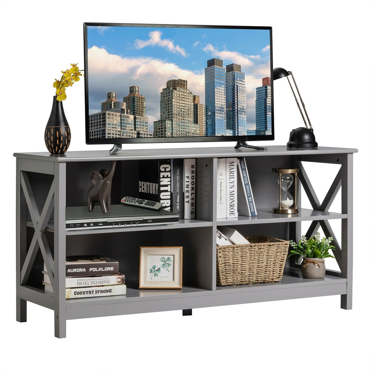 Wooden TV Stand Entertainment for TVs up to 55 Inch with X-Shaped Frame