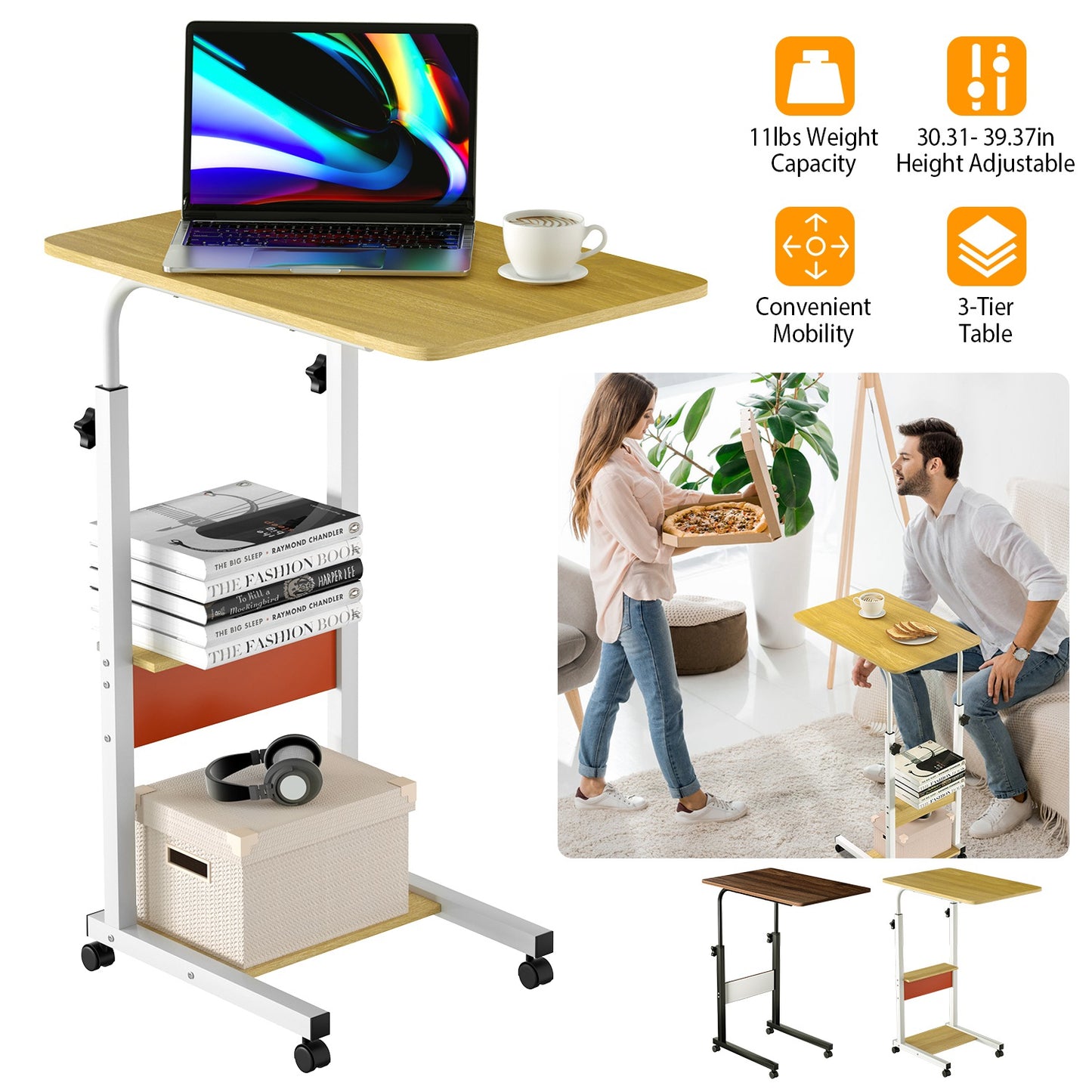 C-Shaped Rolling Laptop Desk with 3-Tier Adjustable Height