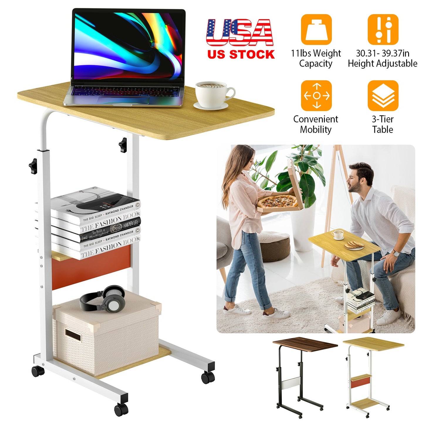 C-Shaped Rolling Laptop Desk with 3-Tier Adjustable Height