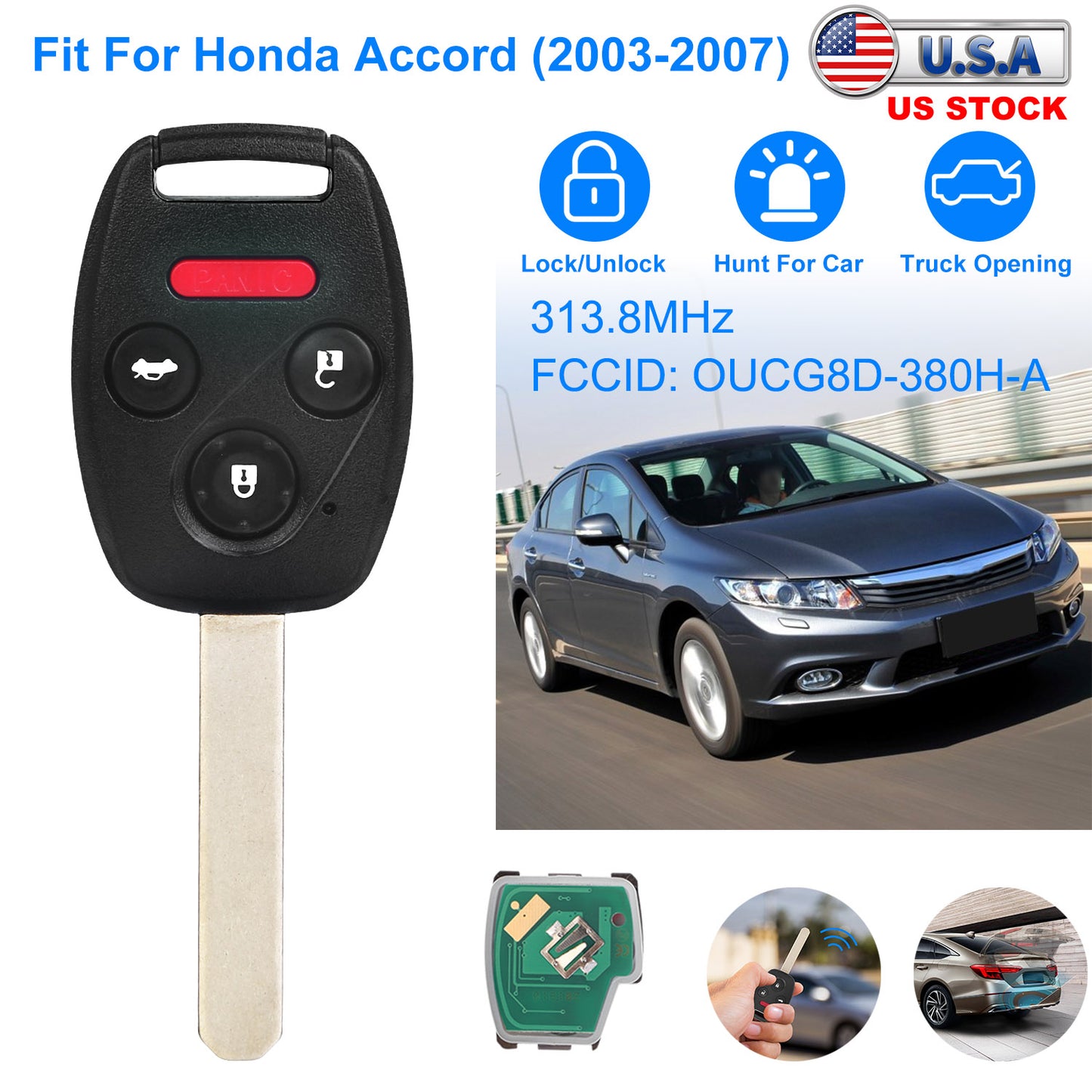 Remote Key Fob for Honda Accord 2003-2007 (3 Button + Panic)