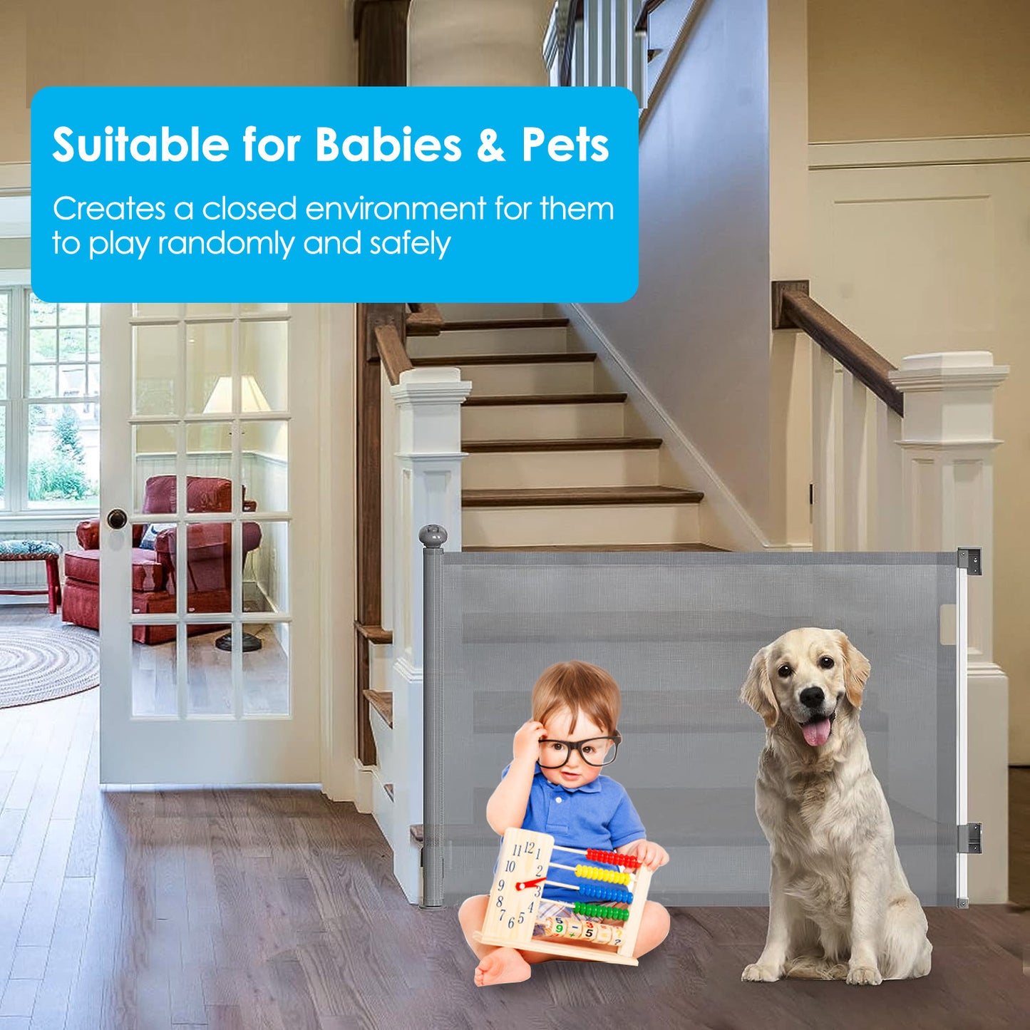Retractable Baby Gate 58.3" Wide for Stairs & Doorways