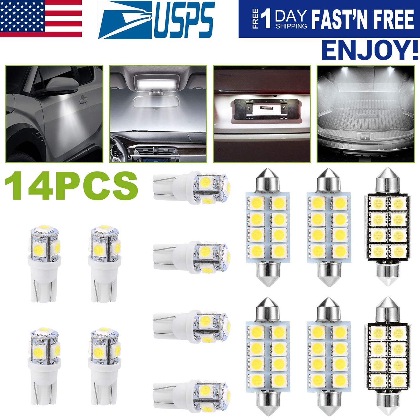 LED Interior Light Kit 14-Piece for Car Dome Map License Plate