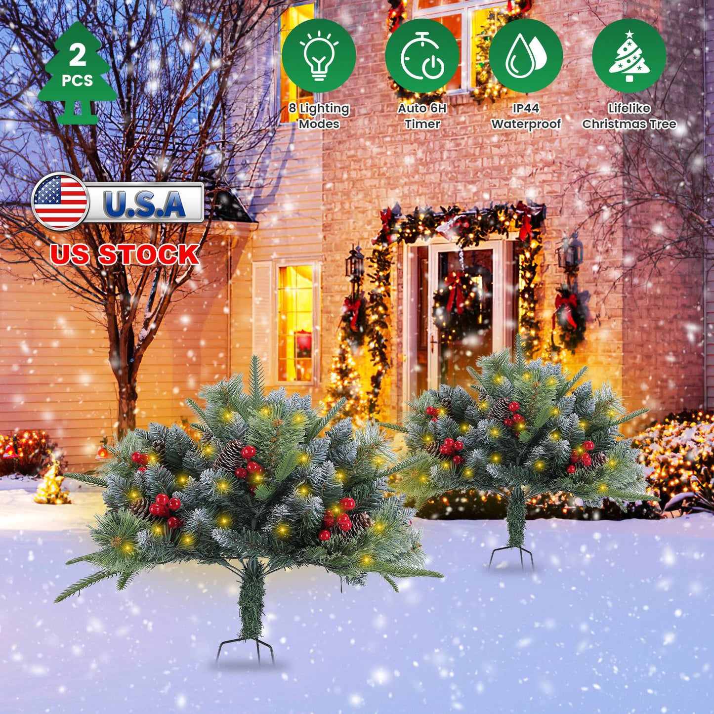 LED Christmas Tree Urn Filler with Lights and Timer - 2 Pack