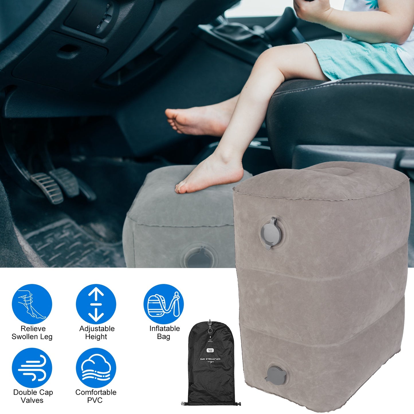 Inflatable Foot Rest with 3 Adjustable Heights for Travel
