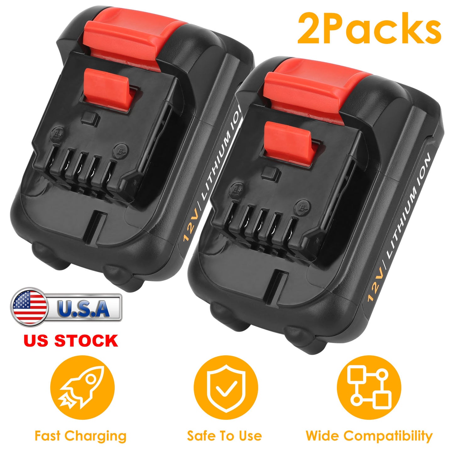12V Li-ion Power Tool Battery 2-Pack for Dewalt DCB120 Series