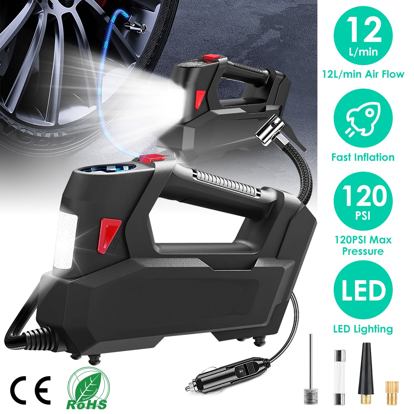 Portable Tire Inflator 120 PSI with Digital Display & LED Light