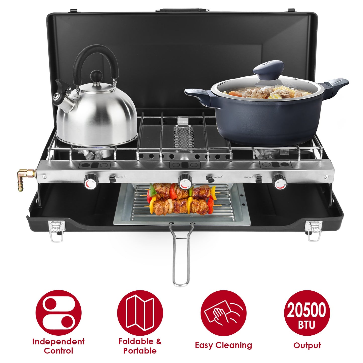3 Burner Camping Stove 20000 BTU Portable Propane Gas Stove