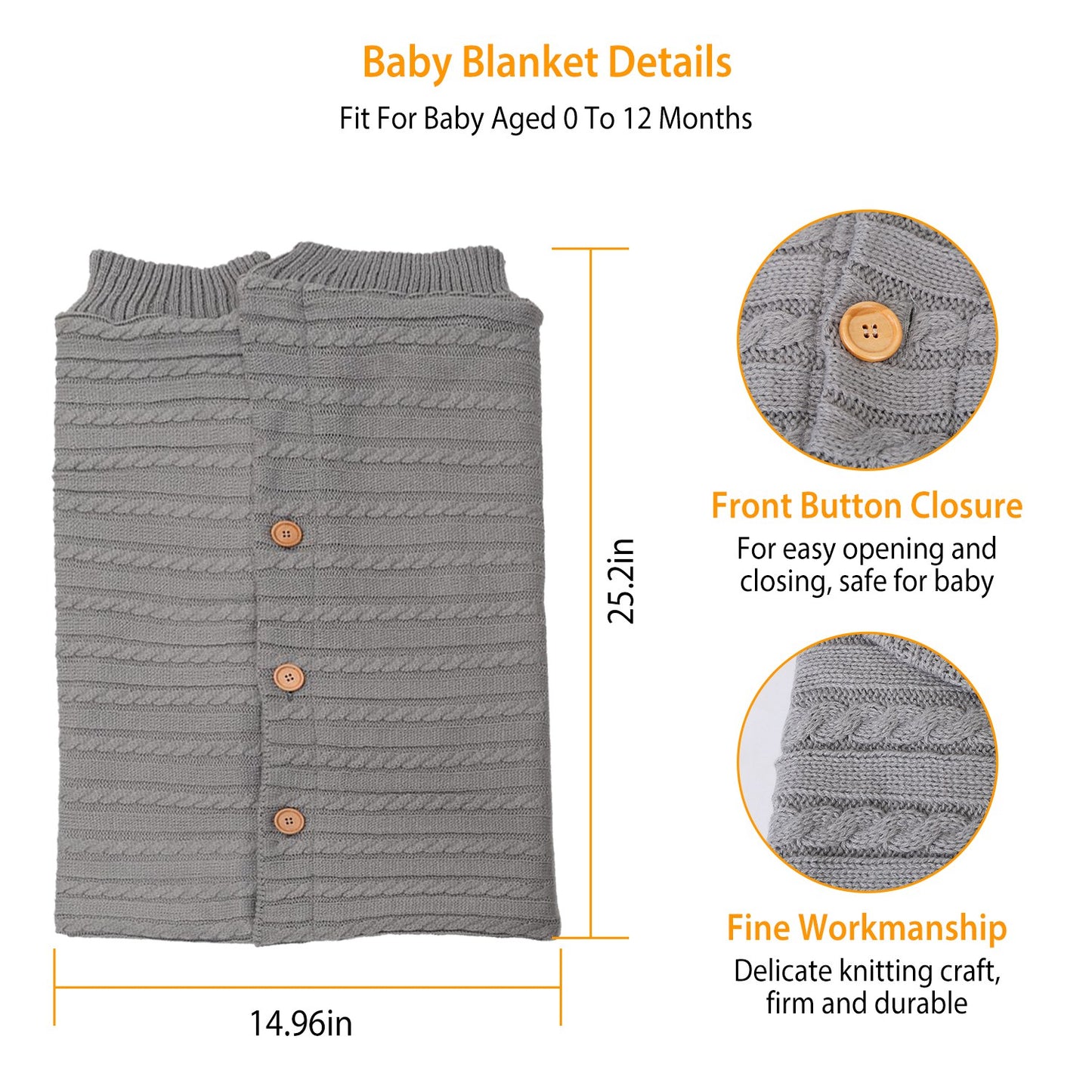 Baby Knit Swaddle Blanket with Button Closure 0-12 Months