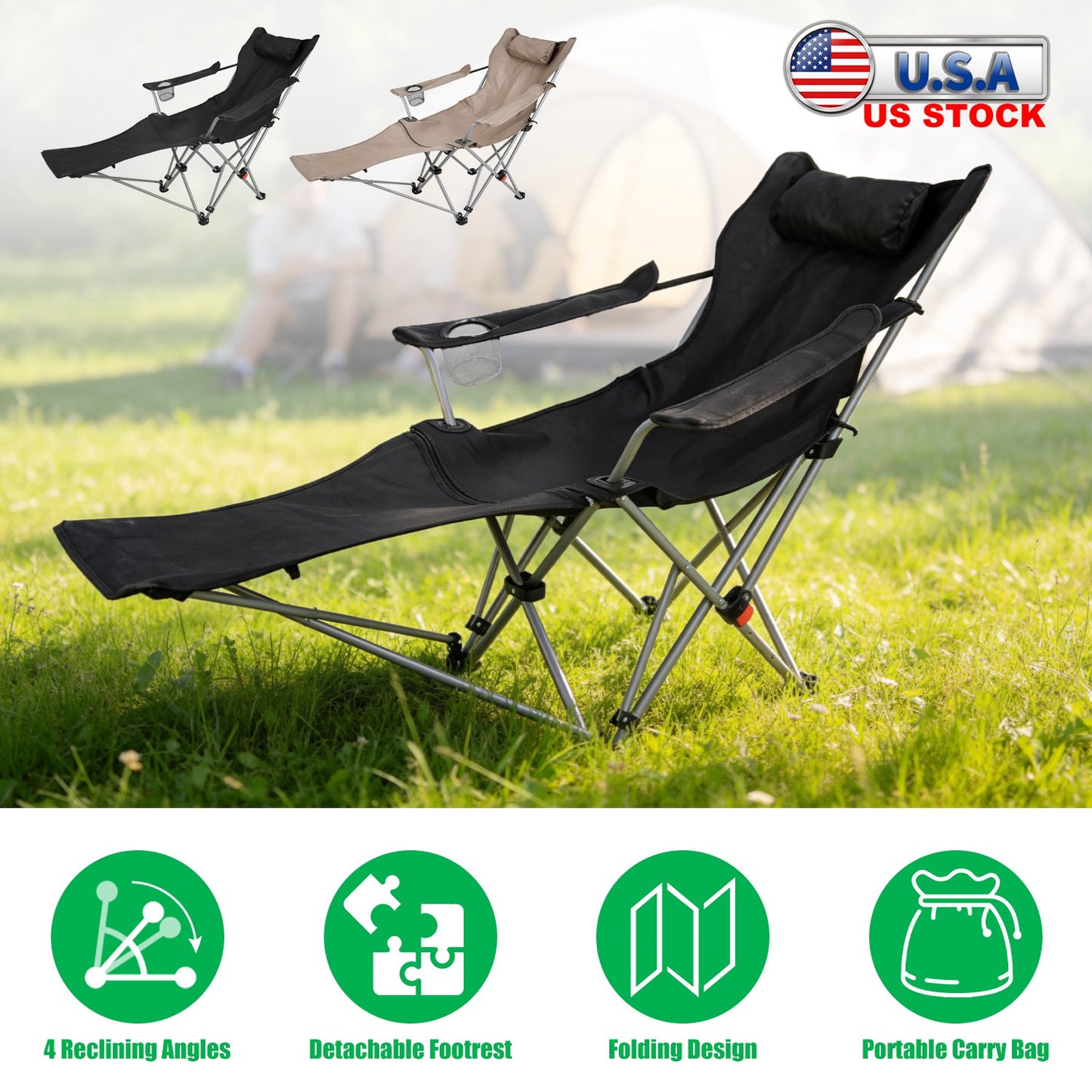 Reclining Camping Chair with Footrest - 4-Position Adjustable