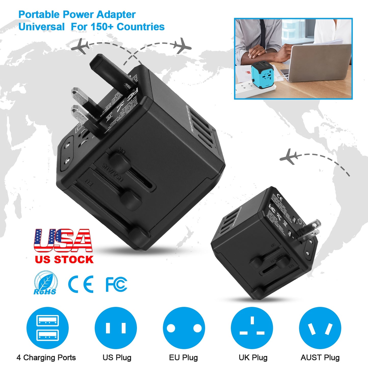 Universal Travel Adapter with 4 USB Ports for 150+ Countries