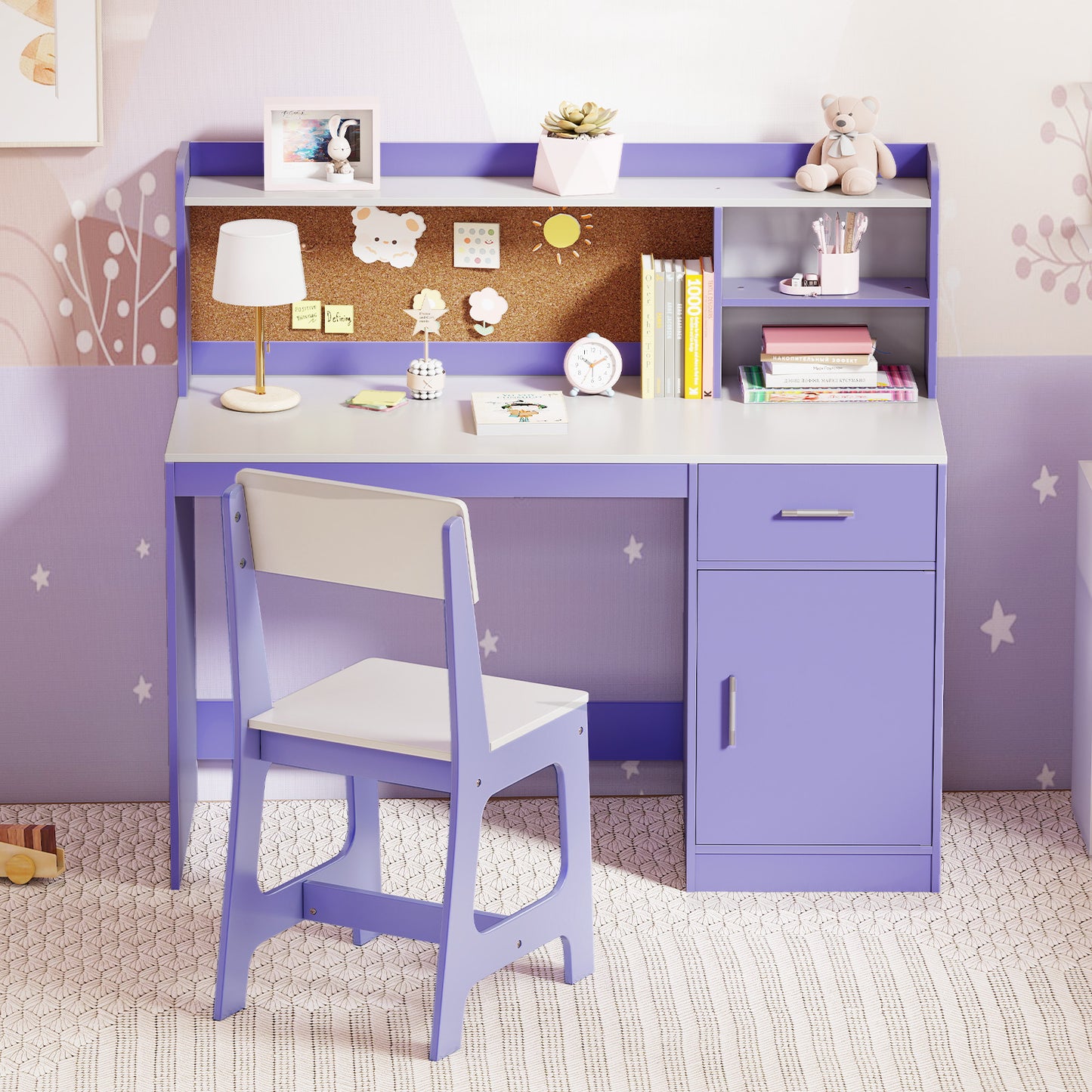 Kids Study Desk and Chair Set with Storage and Bulletin Board