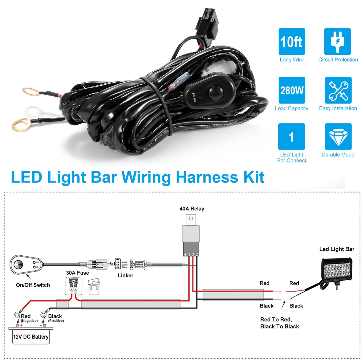 LED Light Bar Wiring Harness Kit 280W 12V 40A with Switch