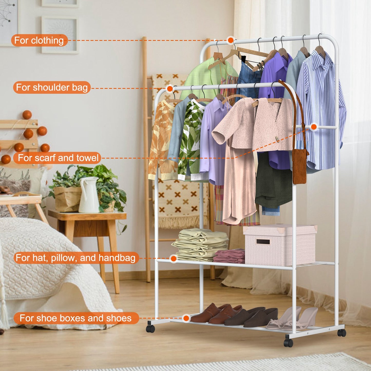 Rolling Garment Rack with Shoe Shelf and Dual Hanging Rails