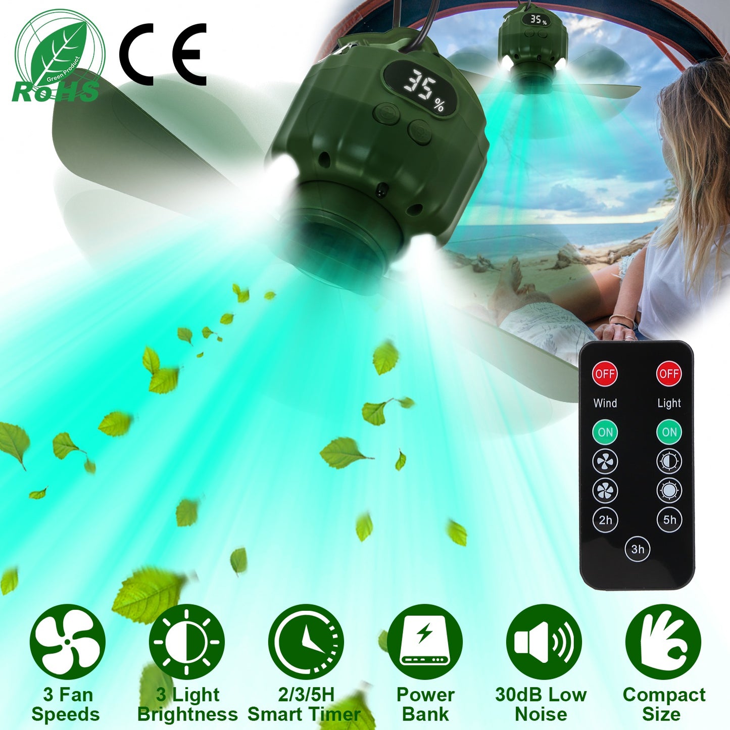 Portable Camping Ceiling Fan with LED Light & Power Bank