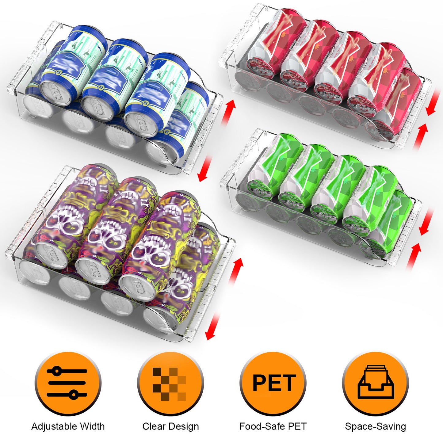 Adjustable Soda Can Organizer for Refrigerator - 4 Pack Clear