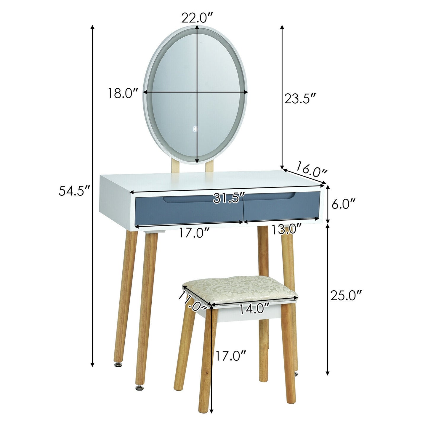 Vanity Makeup Table with Lighted Mirror and Stool Set