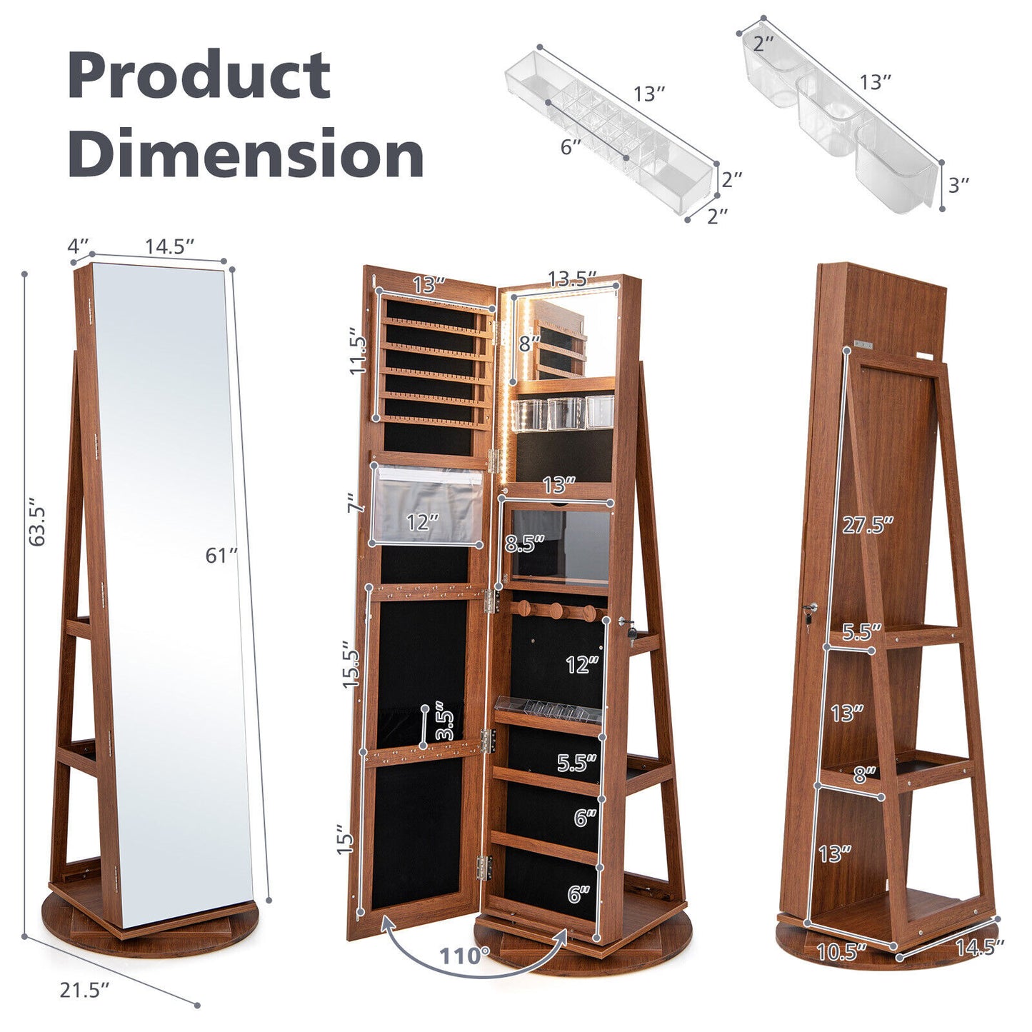 Rotating Mirrored Jewelry Armoire with LED Lighting