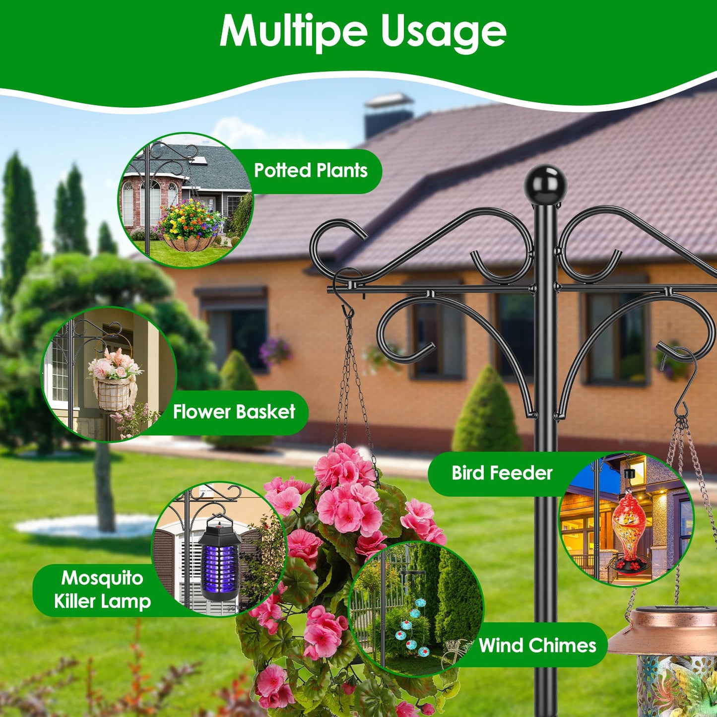 Double Shepherd Hook 76in Adjustable Garden Pole with 5-Prong Base